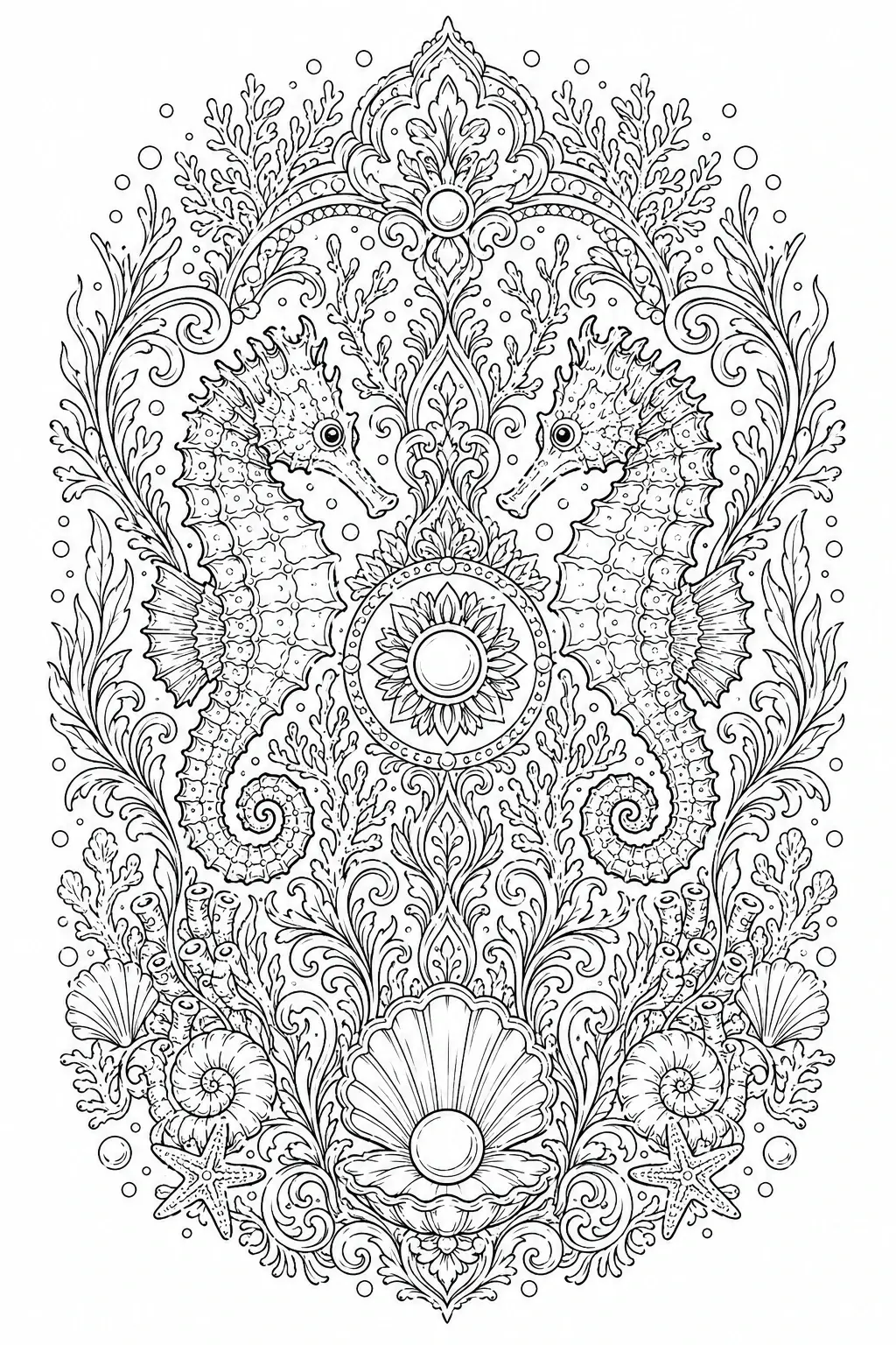 Intricate black and white coloring page of two seahorses surrounded by seashells, coral, starfish, and decorative underwater mandala patterns.