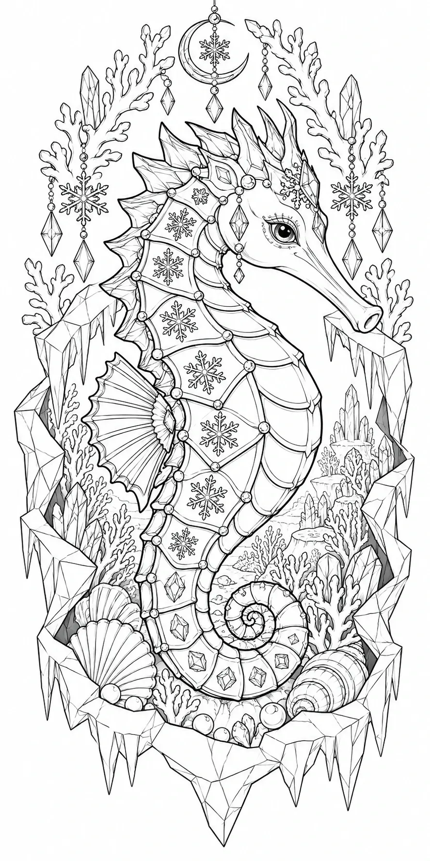 A black-and-white coloring page of a decorated seahorse surrounded by crystals, snowflakes, coral, and shells.