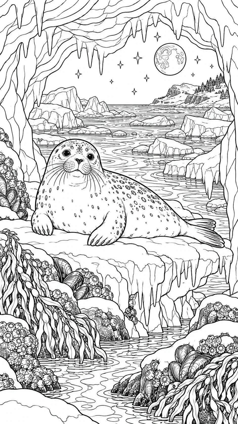 A spotted seal rests on an icy shore beneath a moon and stars, surrounded by cave icicles, rocks, seaweed, and shellfish in this detailed coloring page.
