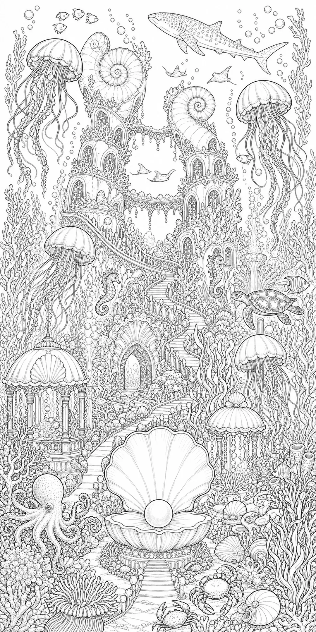 A detailed coloring page of an underwater coral castle with jellyfish, a shark, a turtle, an octopus, and shells.