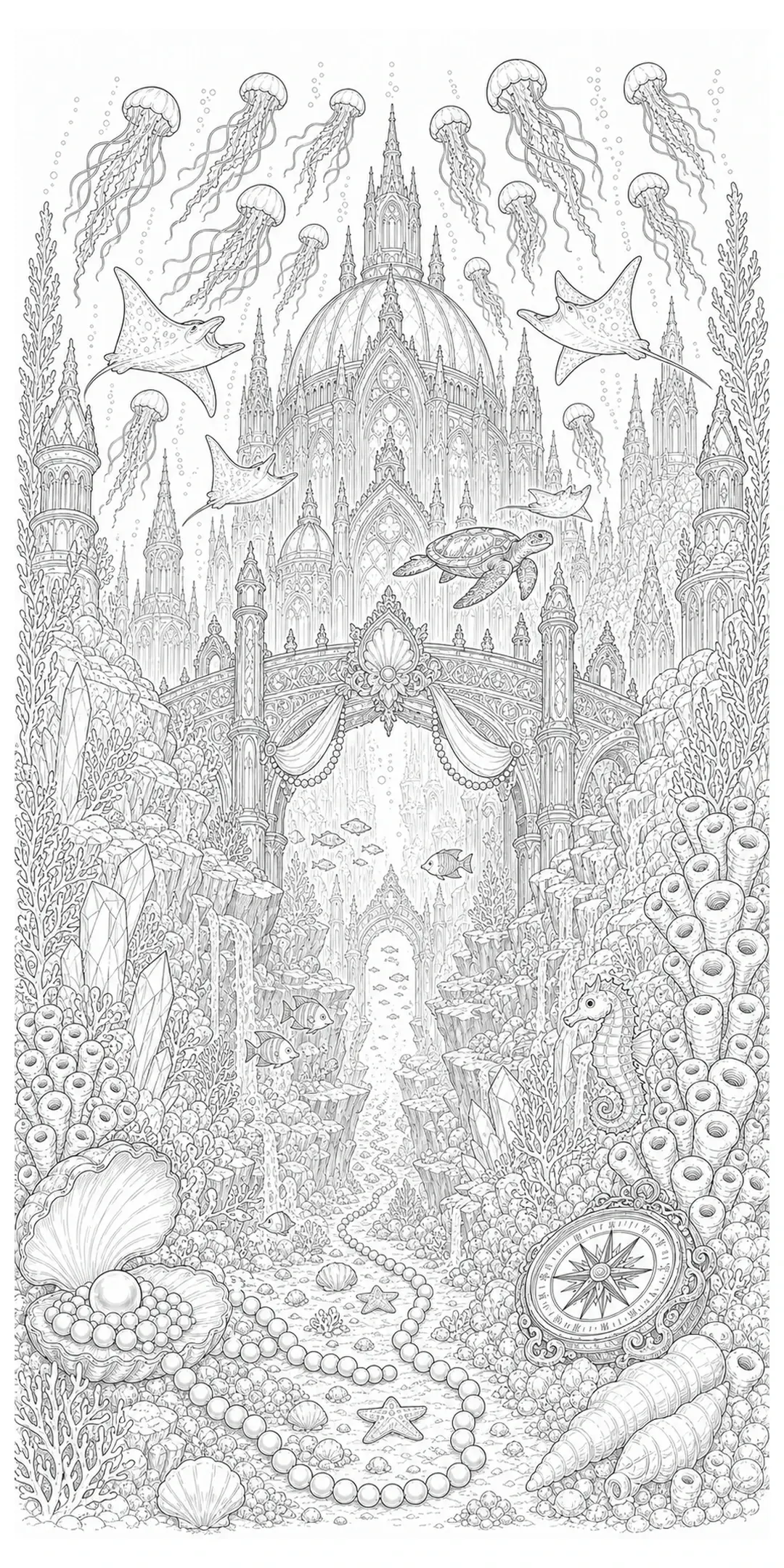 An intricate coloring page showing an underwater fantasy city with jellyfish, manta rays, a sea turtle, coral, and seashells.