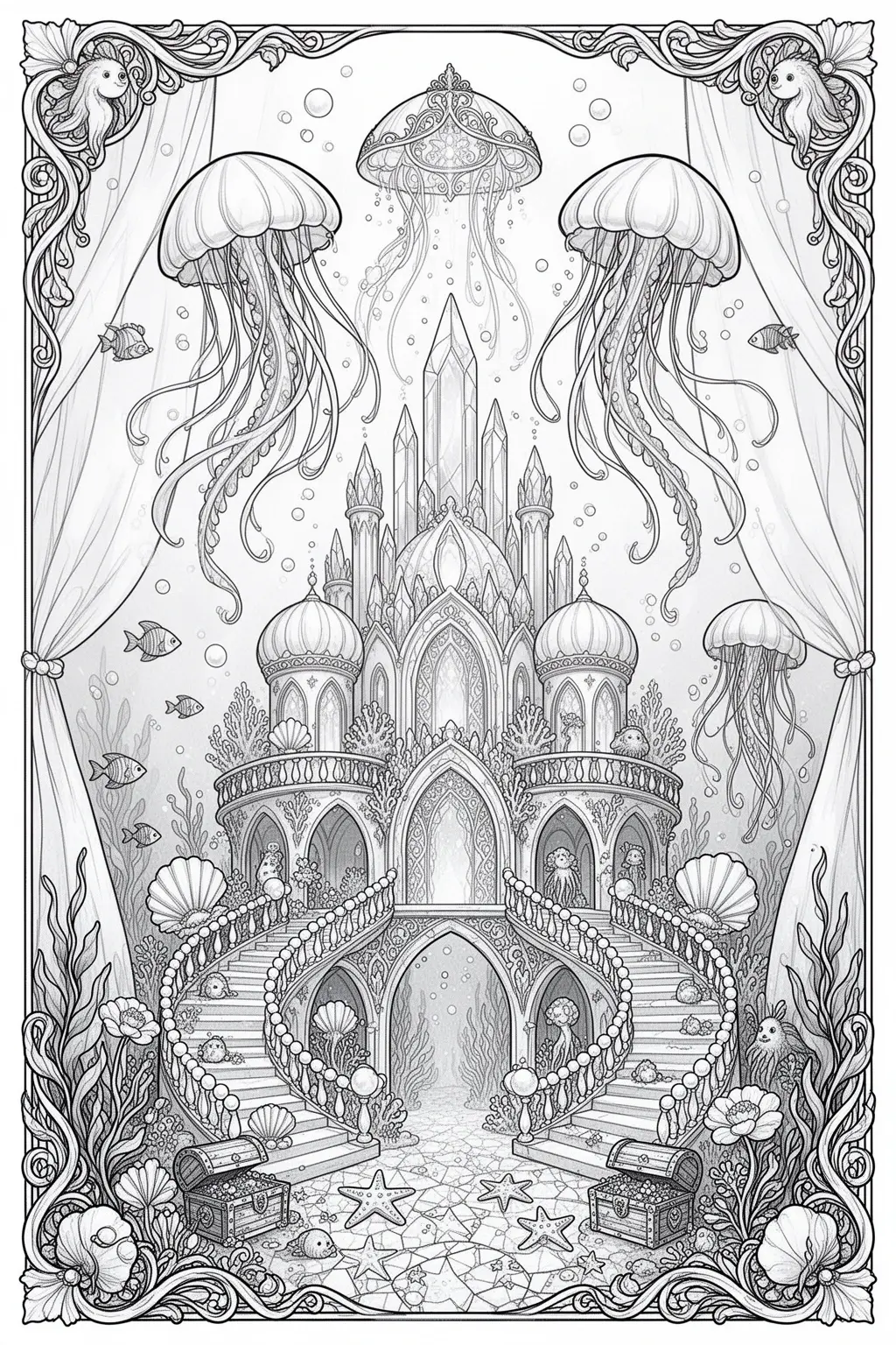 Intricate coloring page of an underwater jellyfish palace with large jellyfish, fish, seashells, coral, and ornate ocean architecture.
