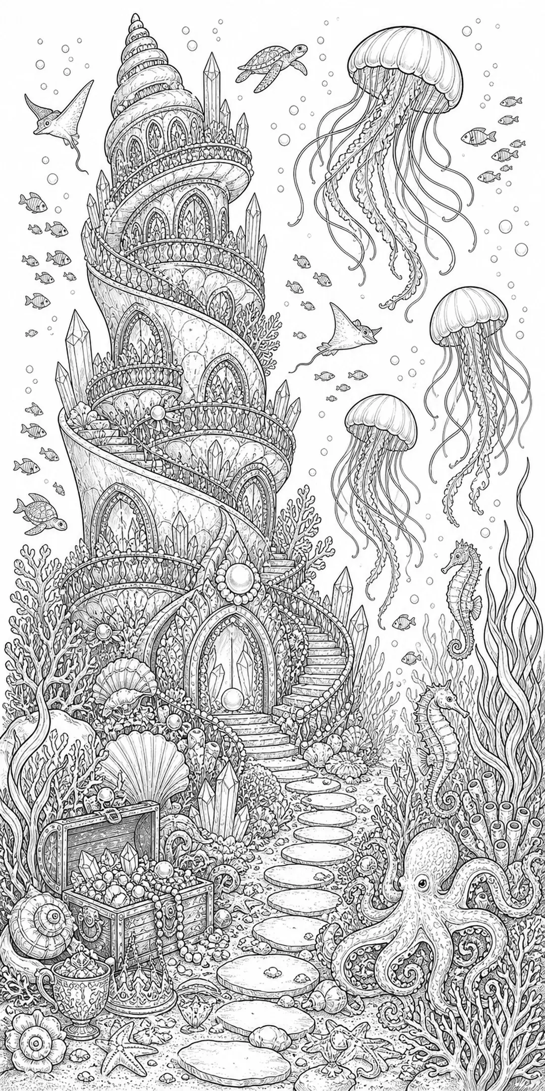 An underwater mermaid palace coloring page with jellyfish, seahorses, coral, shells, and a treasure chest.