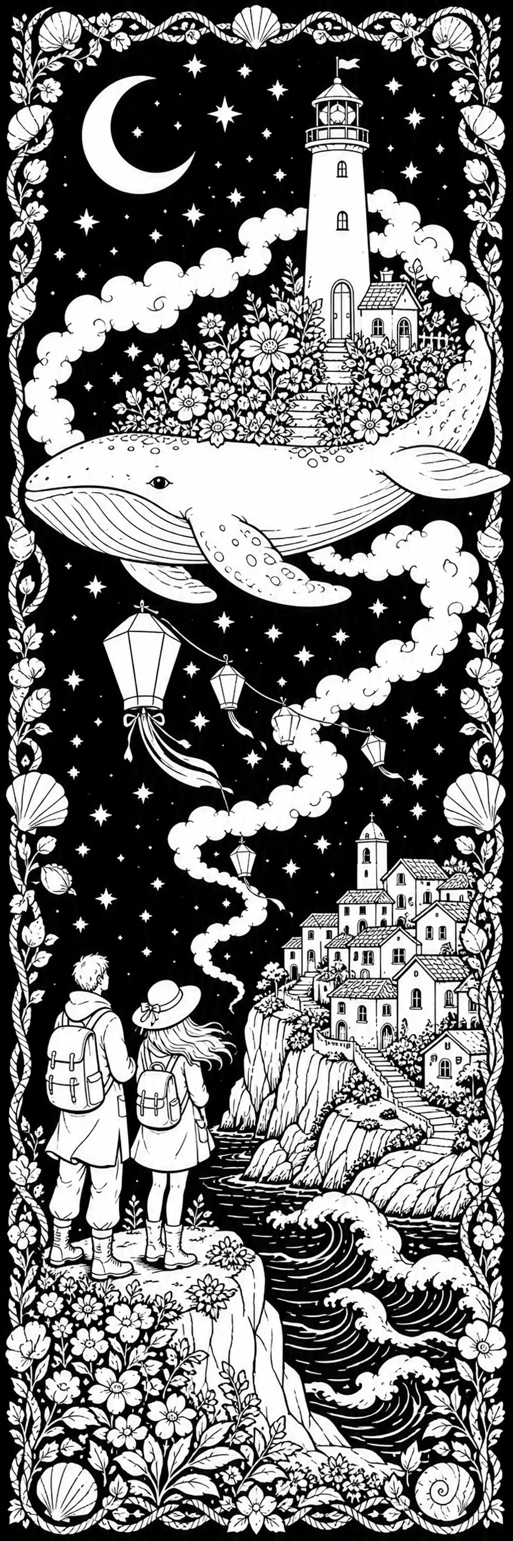 A black-and-white coloring page shows a whale beneath a lighthouse, moon, stars, and a coastal village framed by flowers.