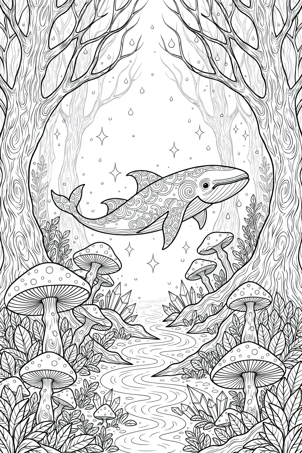 Black and white coloring page of decorative whale swimming through a magical forest with mushrooms, trees, plants, and sparkles