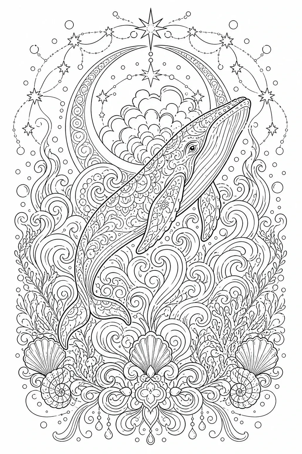 Intricate coloring page of a whale swimming through waves with stars, moon, shells, and ornate mandala details.