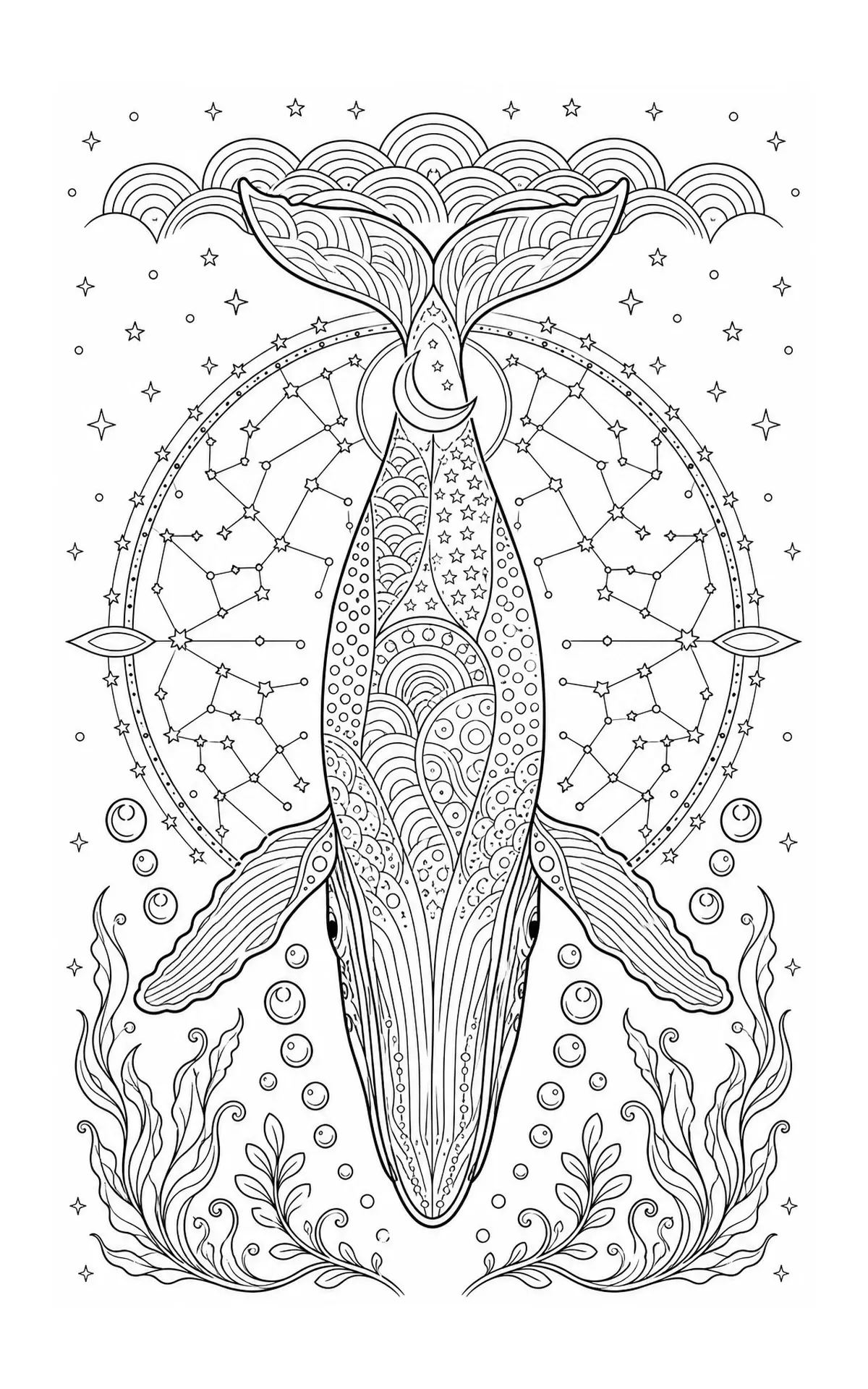A whale coloring page with stars, constellations, a moon, and ocean plants in black-and-white line art.