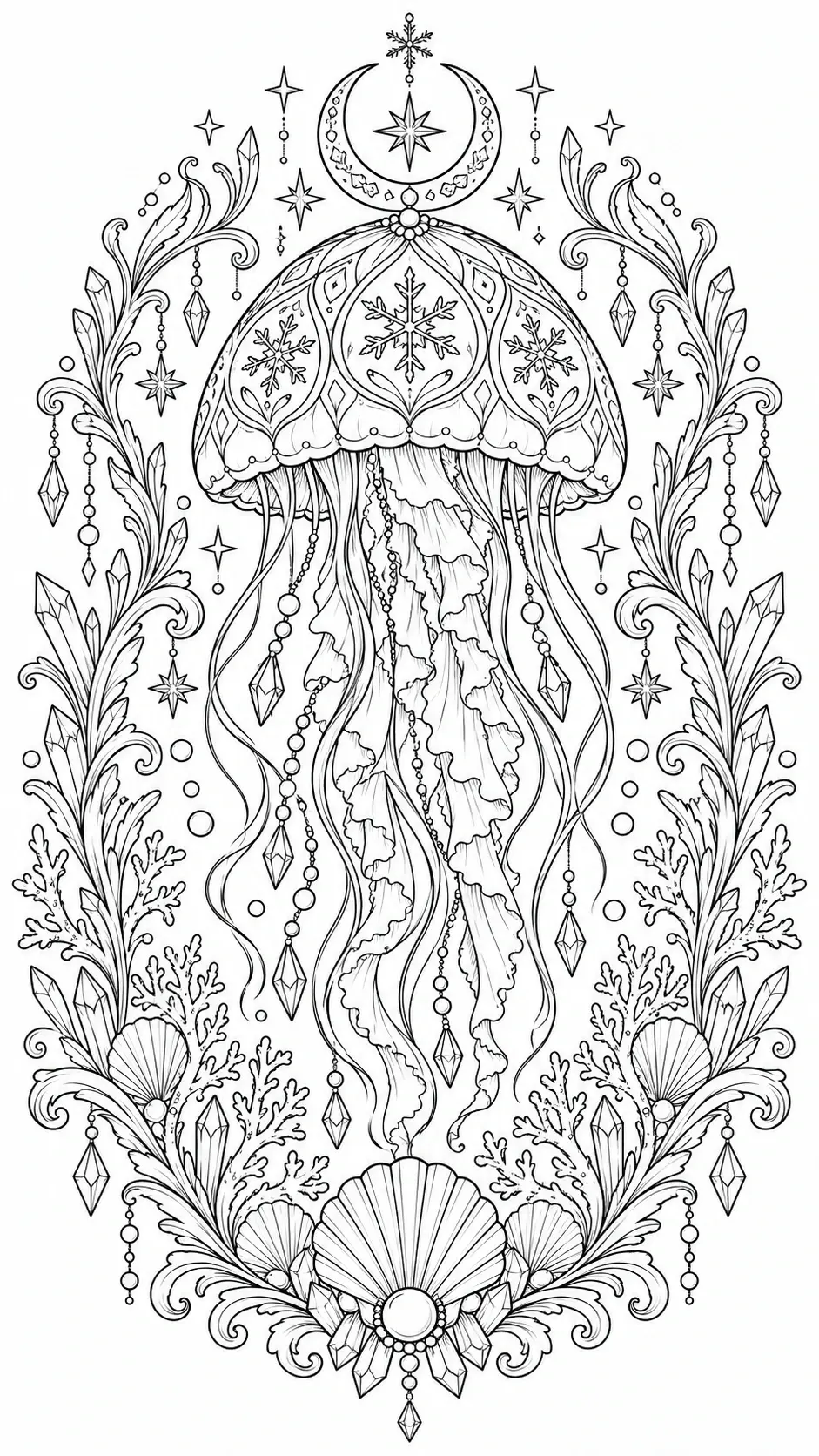 A decorative jellyfish coloring page with snowflakes, crystals, and flowing tentacles in black-and-white line art.