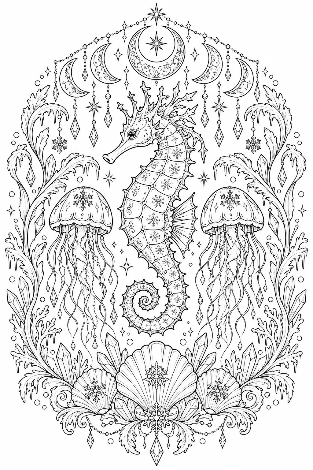 A detailed black-and-white coloring page of a seahorse surrounded by jellyfish, shells, crescent moons, crystals, and snowflakes.