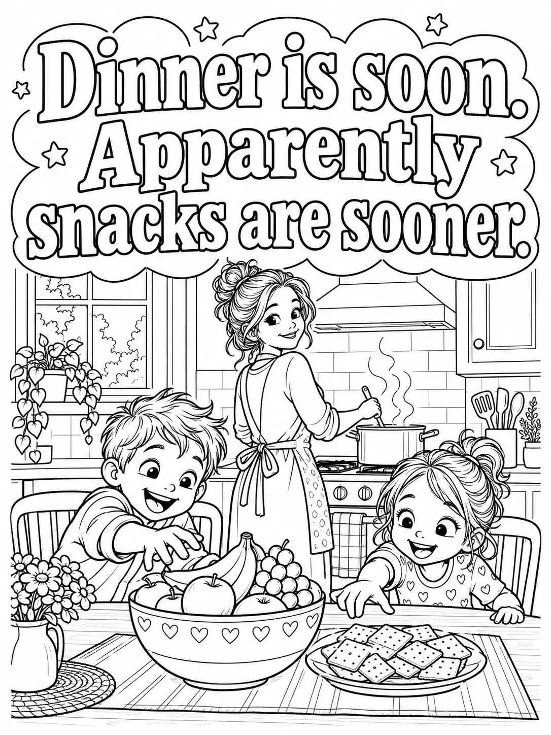 A black-and-white coloring page shows a mother cooking in a kitchen while two children reach for snacks at a table.