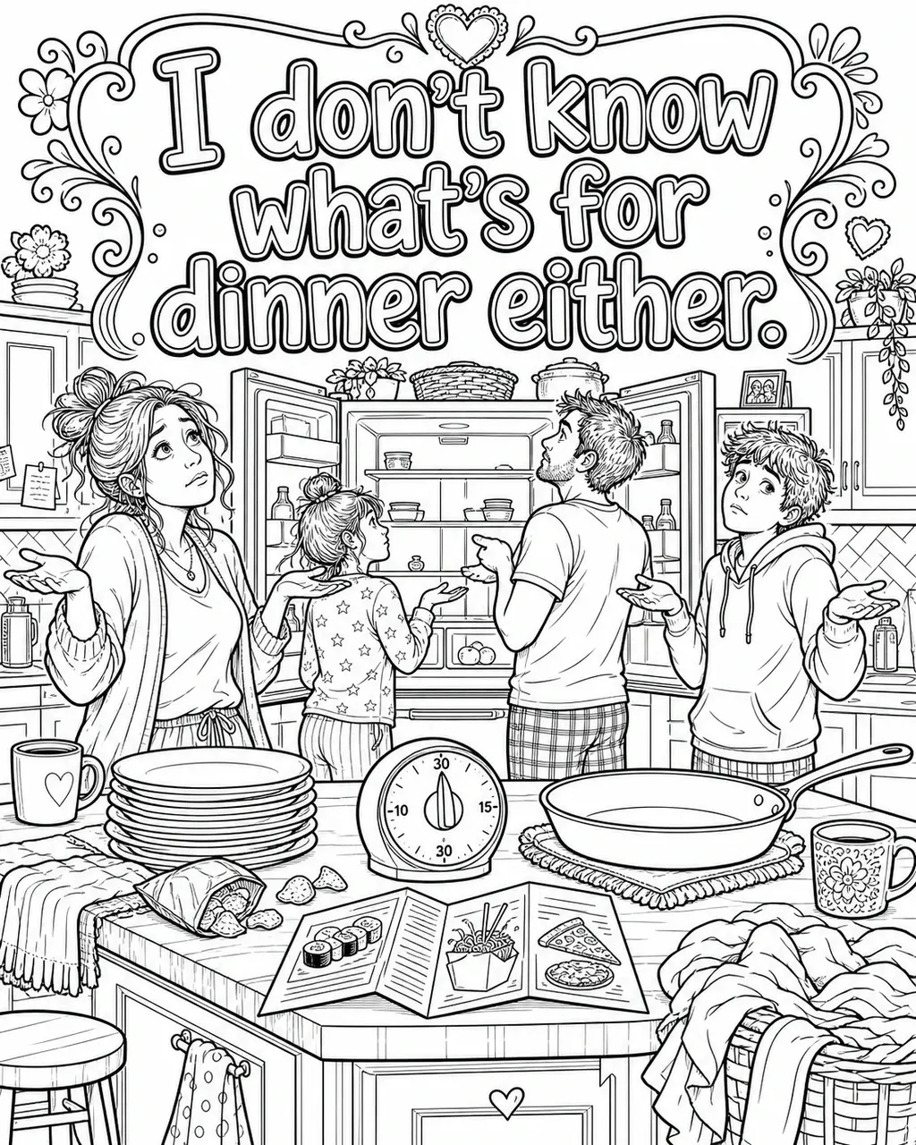 Black and white printable adult coloring page with the hand-lettered phrase I don’t know what’s for dinner either. Features open refrigerator, empty plates, takeout menus.