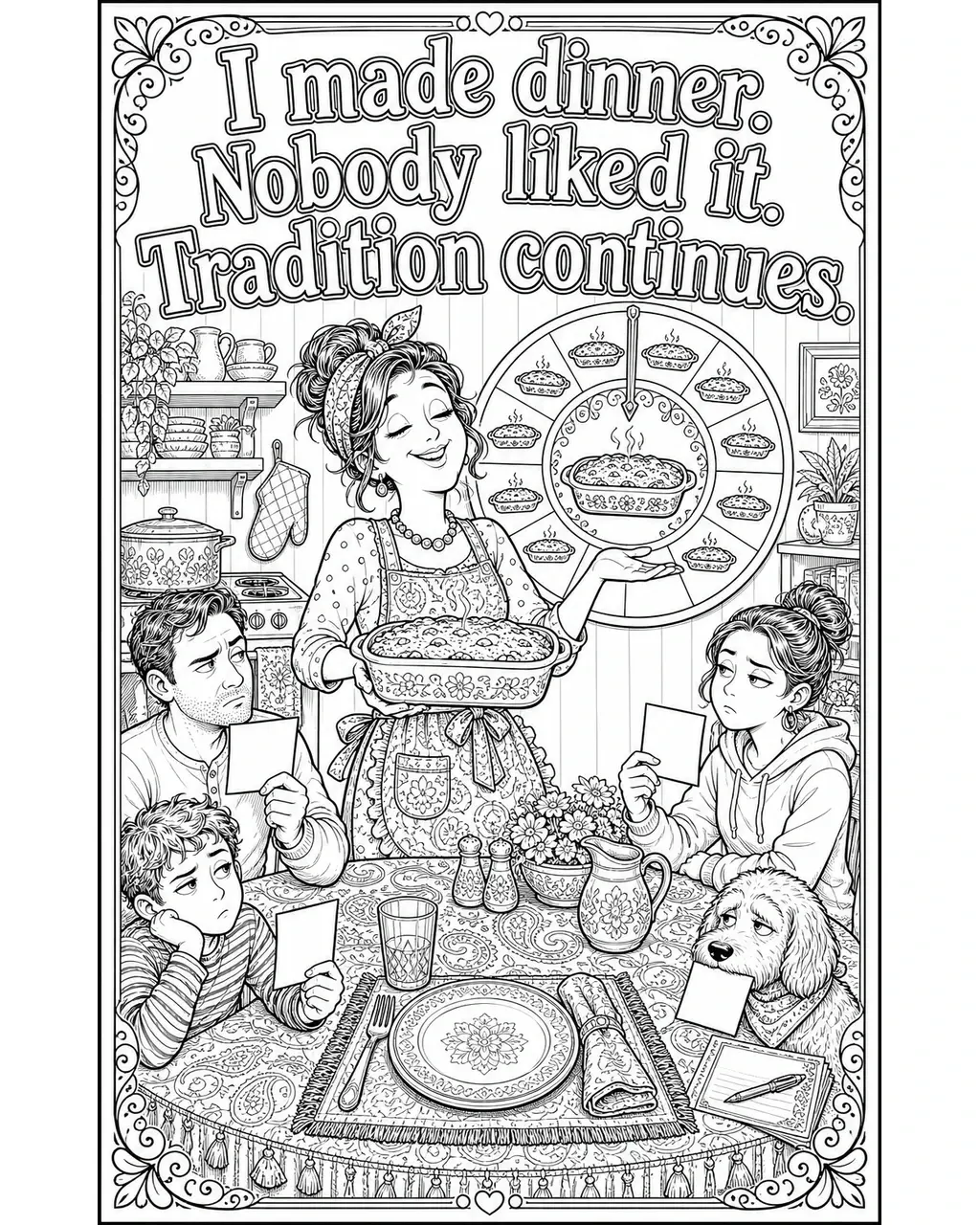 Black and white printable adult coloring page with the hand-lettered phrase I made dinner. Nobody liked it. Tradition continues. Features casserole dish, untouched plate, family taste-test cards