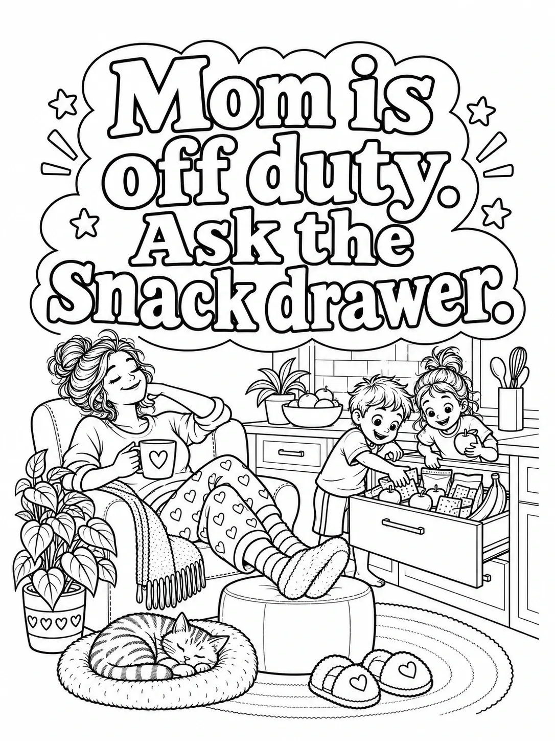 A black-and-white coloring page shows a mom relaxing in a kitchen while two children get snacks from an open drawer and a cat naps on a rug.