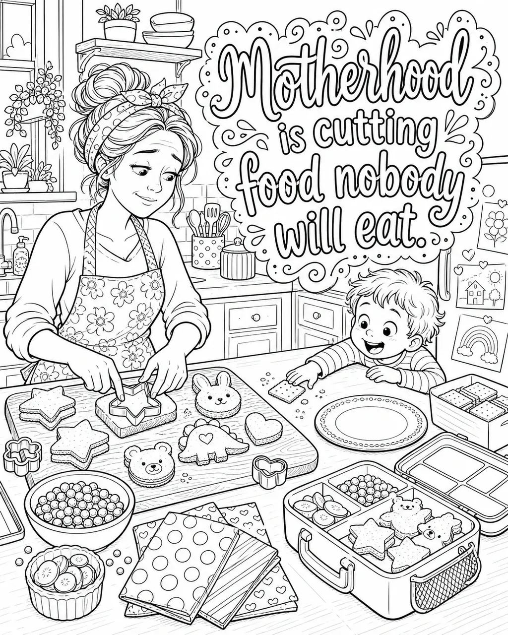 Black and white printable adult coloring page with the hand-lettered phrase Motherhood is cutting food nobody will eat. Features rounded sandwich cutters shaped like stars or animals, cutting board