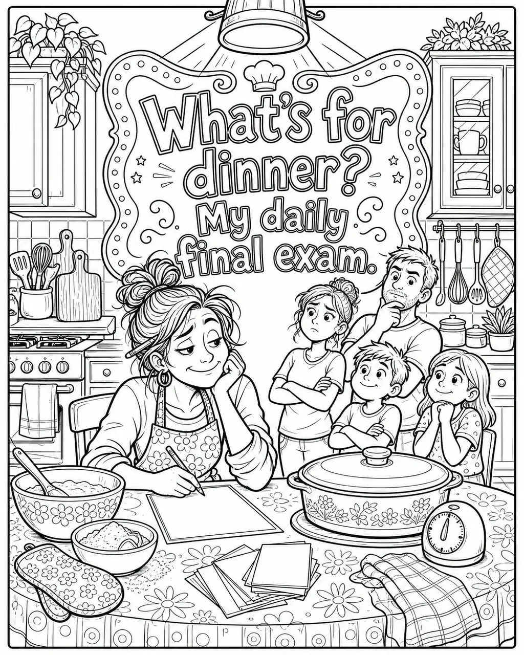 Black and white printable adult coloring page with the hand-lettered phrase What’s for dinner? My daily final exam. Features kitchen table, recipe cards, pencil and answer sheet.