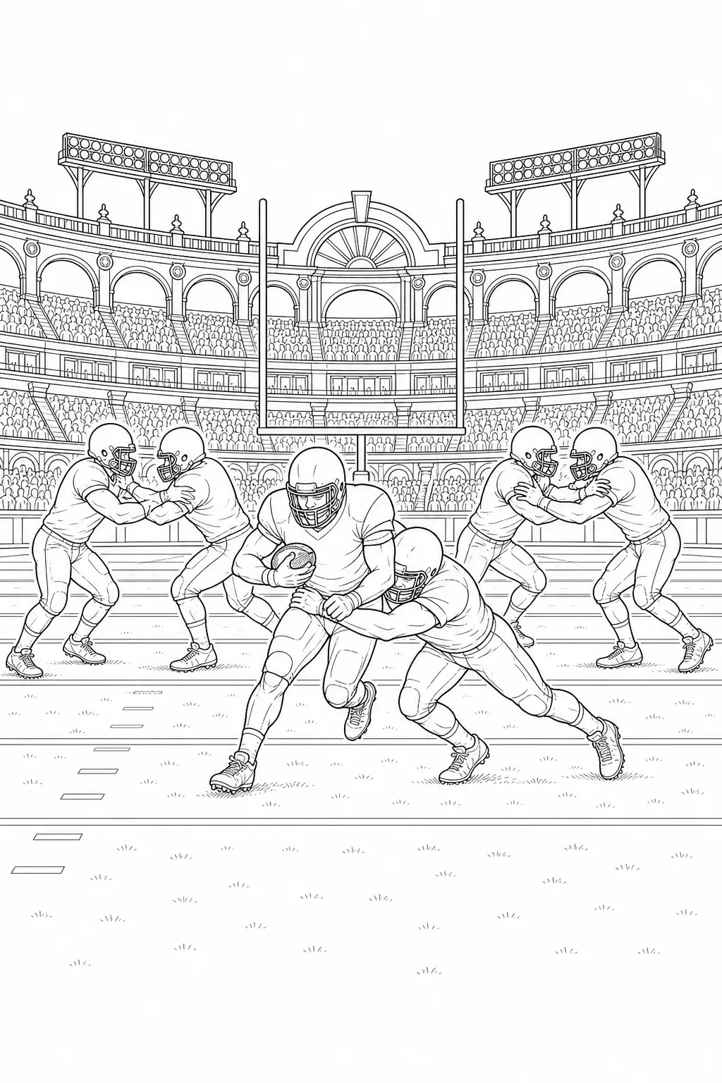 American football coloring page showing players tackling on a stadium field with goal posts and crowded stands.