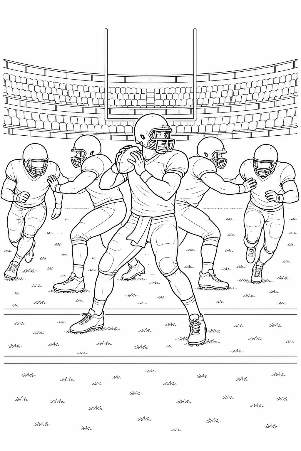 An American football quarterback holding a ball in a stadium coloring page with four players and goalposts.