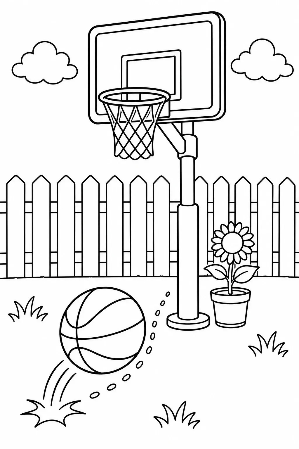 A basketball hoop coloring page shows a backyard fence, a bouncing basketball, clouds, and a potted flower.