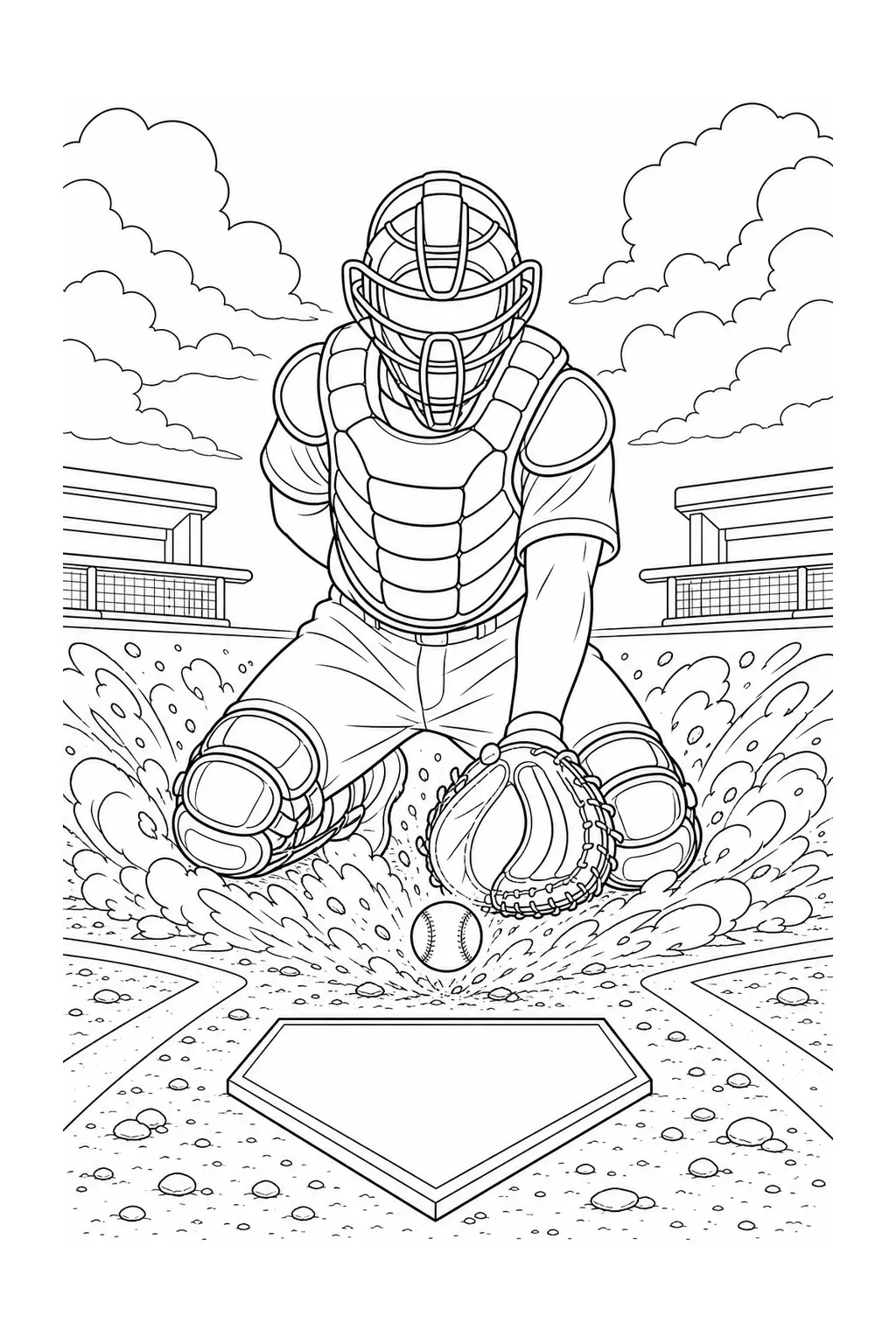 A baseball catcher in full gear crouches behind home plate as a ball and dust spray up in a black-and-white coloring page.