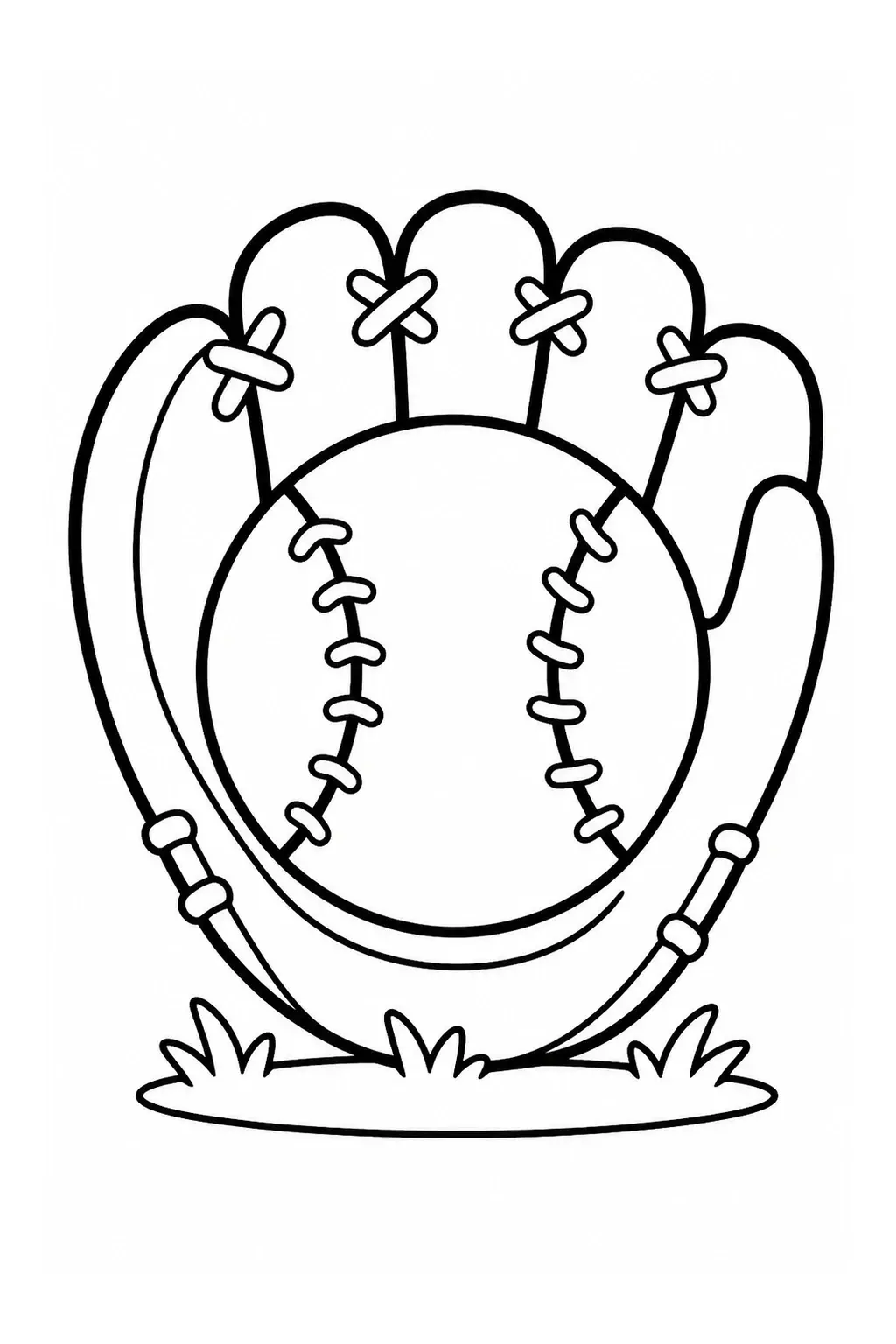 A black-and-white coloring page showing a baseball in a glove with grass at the bottom.