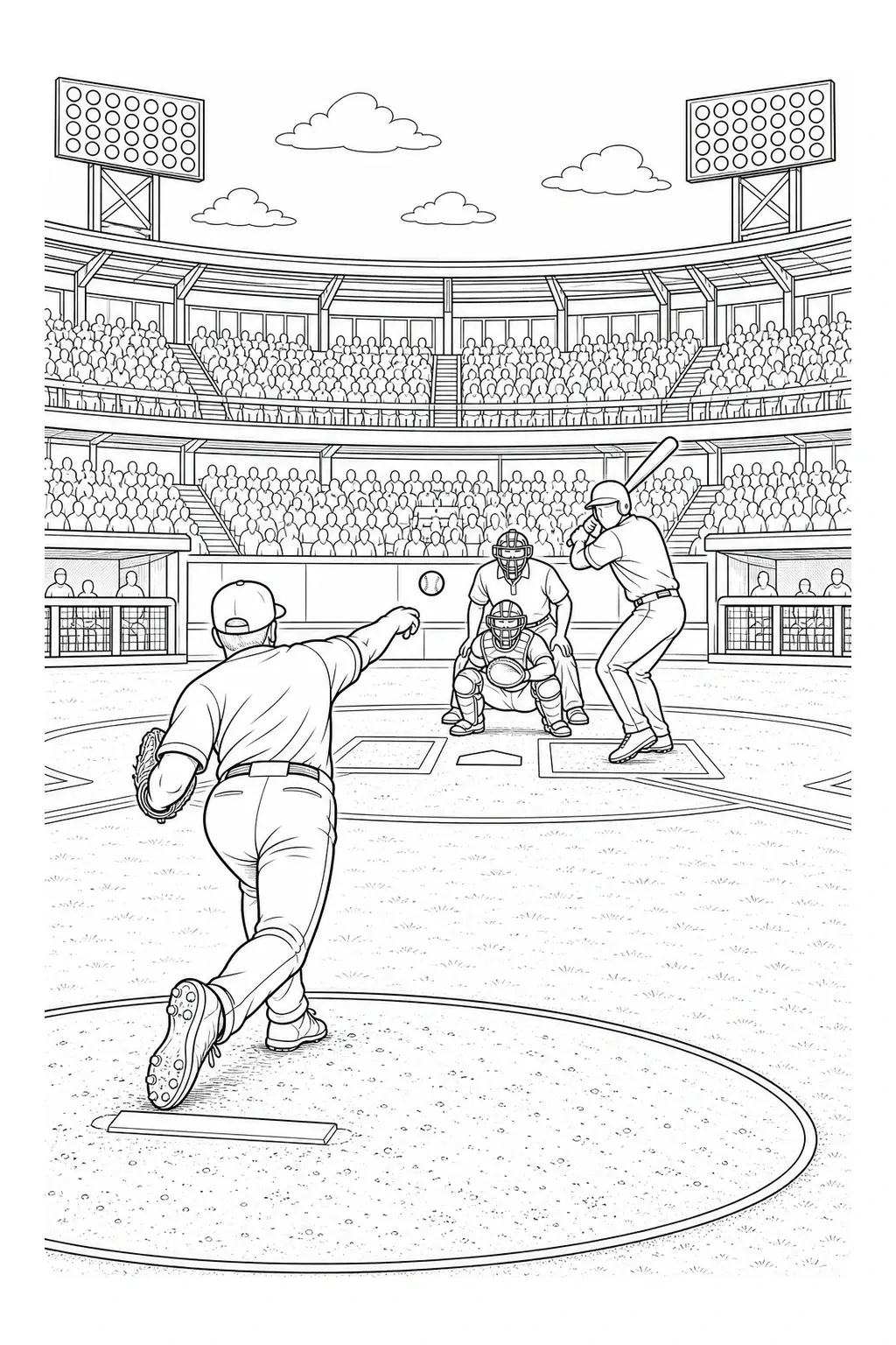 A baseball coloring page showing a pitcher throwing to a batter, with a catcher and stadium crowd in black-and-white line art.