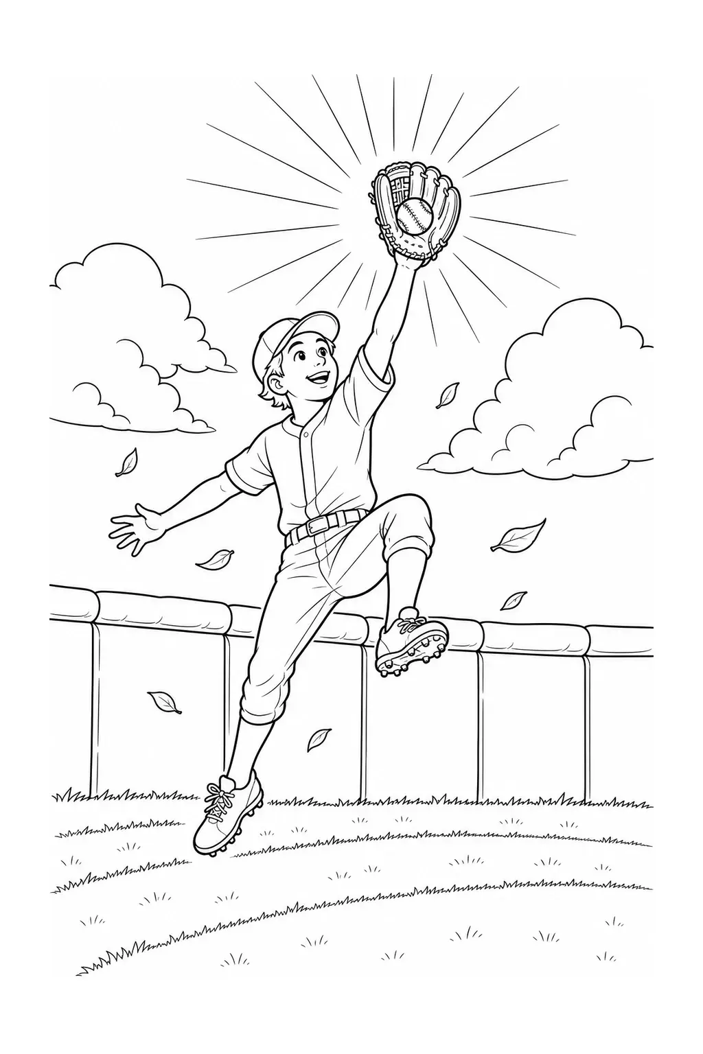 A baseball player leaps to catch a ball in a glove, with clouds and a fence in this coloring page.