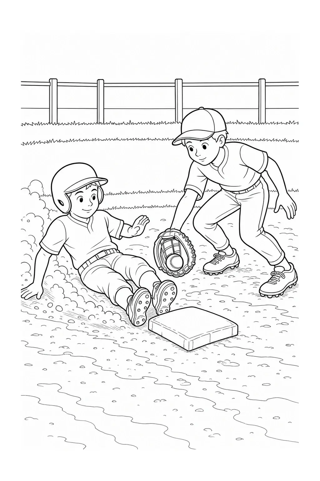 A black-and-white coloring page shows two young baseball players, one sliding into base while the other reaches with a glove.