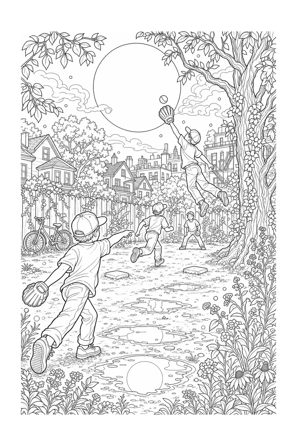 A baseball coloring page shows kids playing catch in a neighborhood sandlot with a bicycle, trees, and houses.