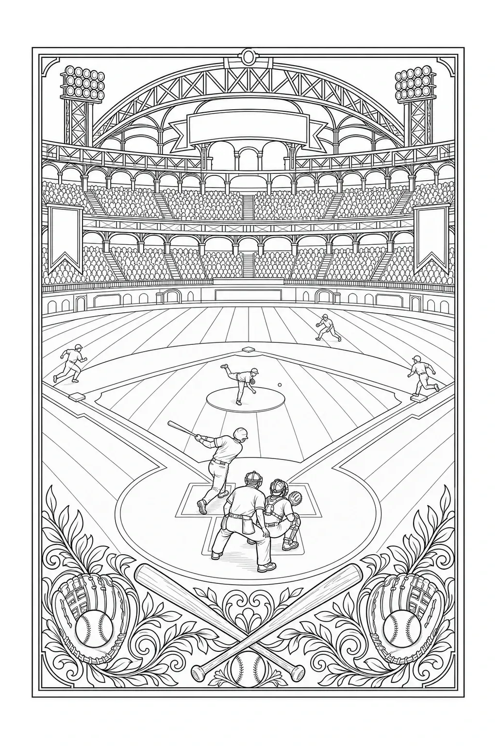 A baseball coloring page shows a crowded ballpark with players on the field and a decorative bat-and-ball border.