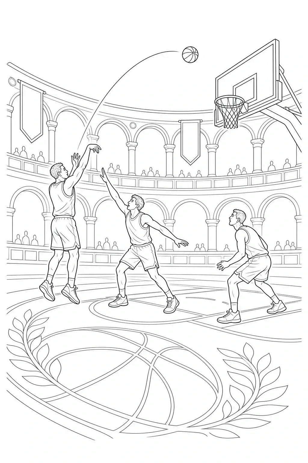 A basketball coloring page shows three players in an arena with a ball flying toward the hoop.
