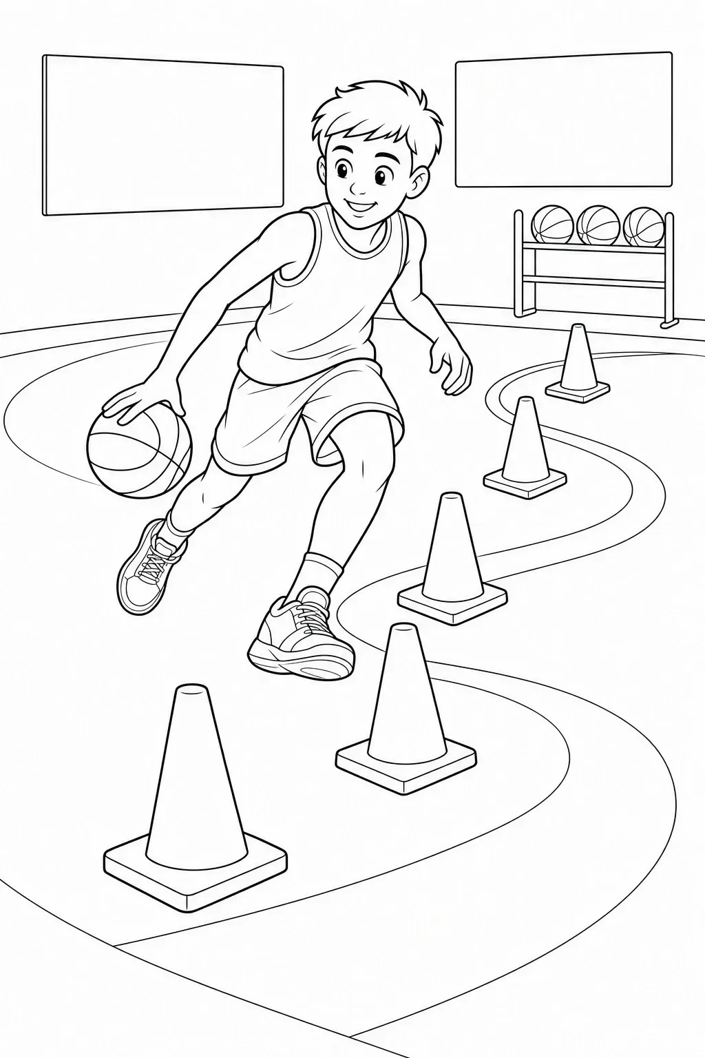 A boy dribbles a basketball through cones in a sports training coloring page.