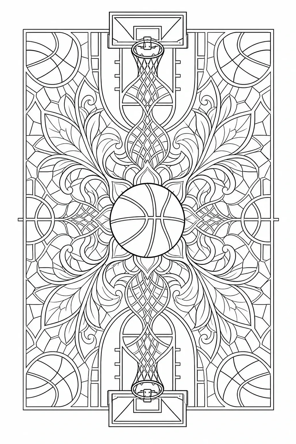 A basketball court mandala coloring page with hoops, basketballs, and ornate symmetrical floral patterns.