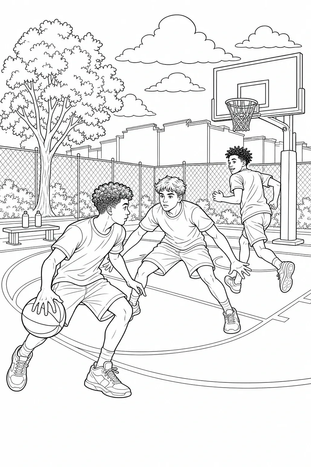 Three kids play a basketball game on an outdoor court in a black-and-white coloring page.