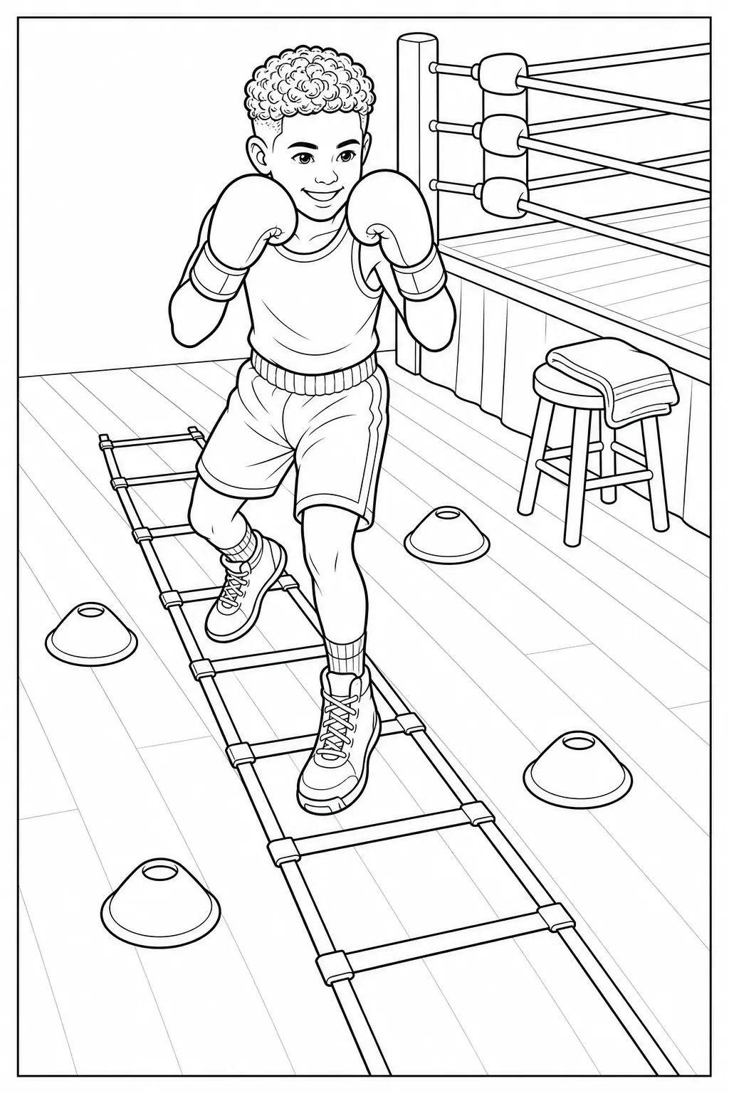 A boxer practices footwork on an agility ladder in a gym coloring page with cones and a boxing ring.