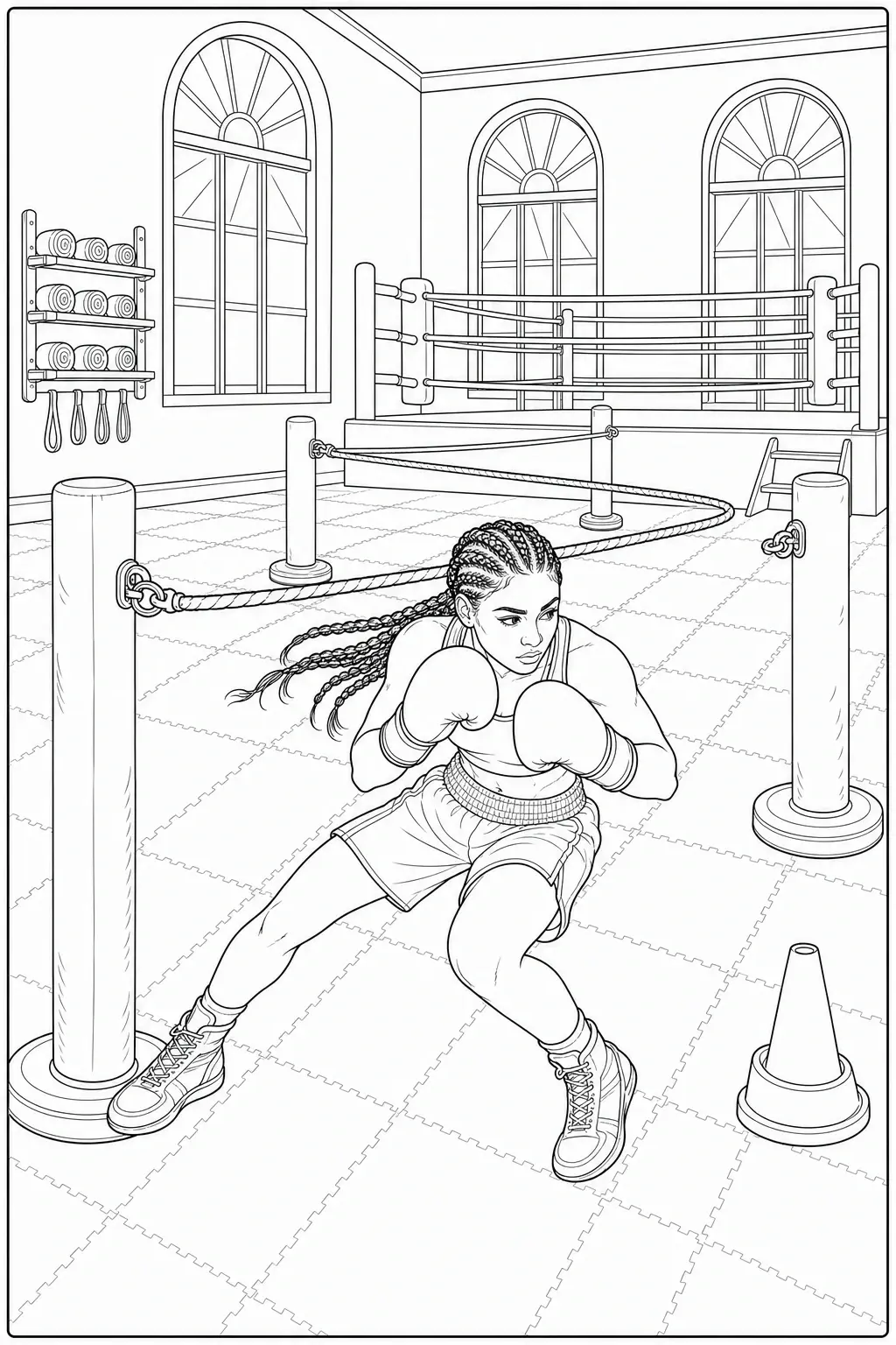A boxer in gloves practices a low defensive stance in a gym coloring page with a boxing ring, ropes, and training cones.