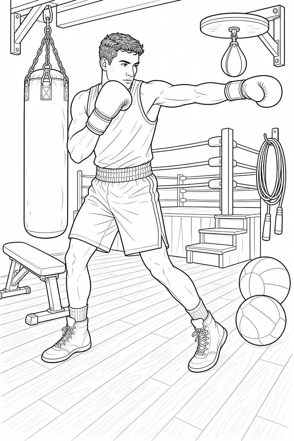 A boxer throws a punch in a gym coloring page with a heavy bag, speed bag, ring, and exercise equipment.