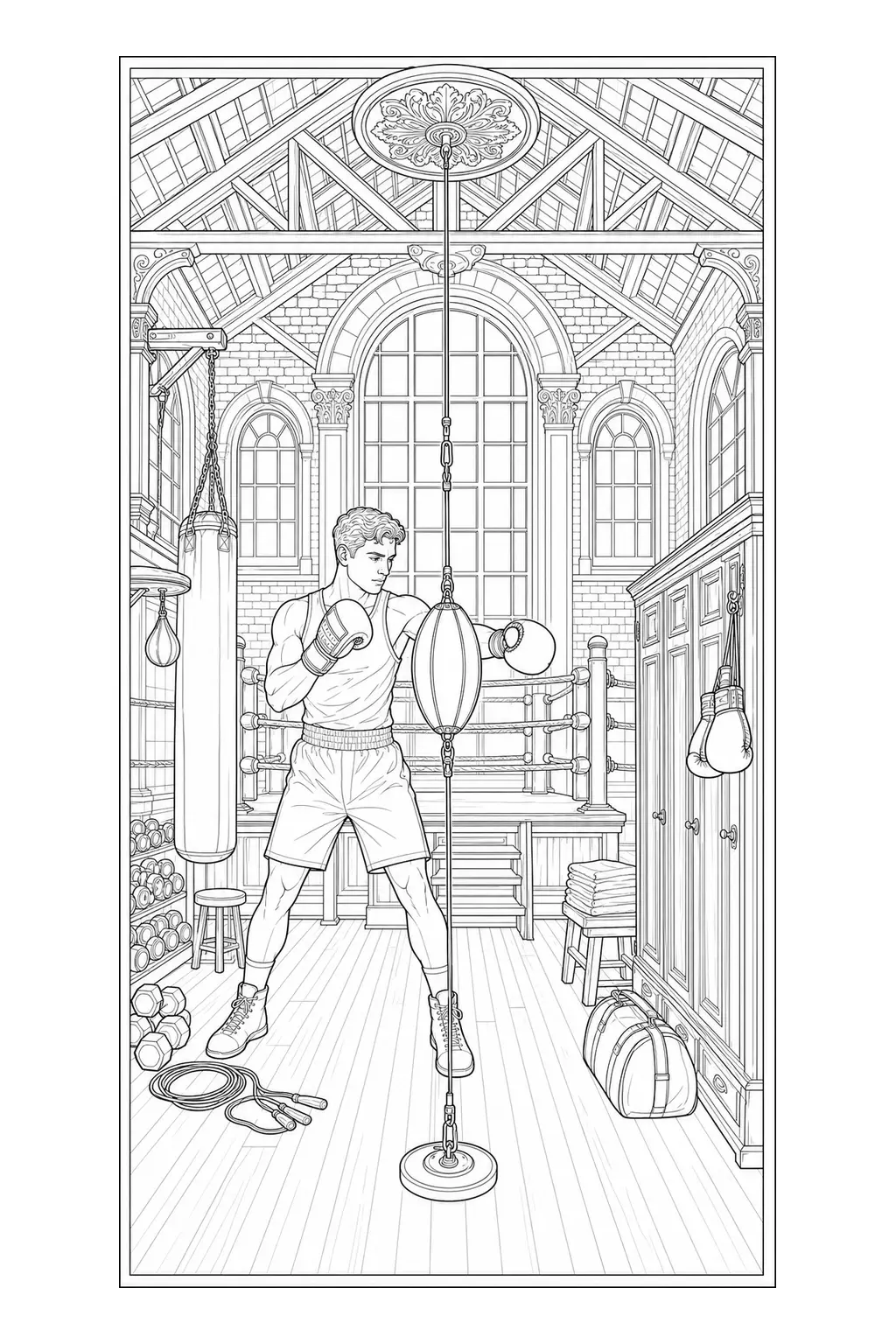 A black-and-white coloring page shows a boxer training in a vintage gym with a speed bag, punching bag, and jump rope.