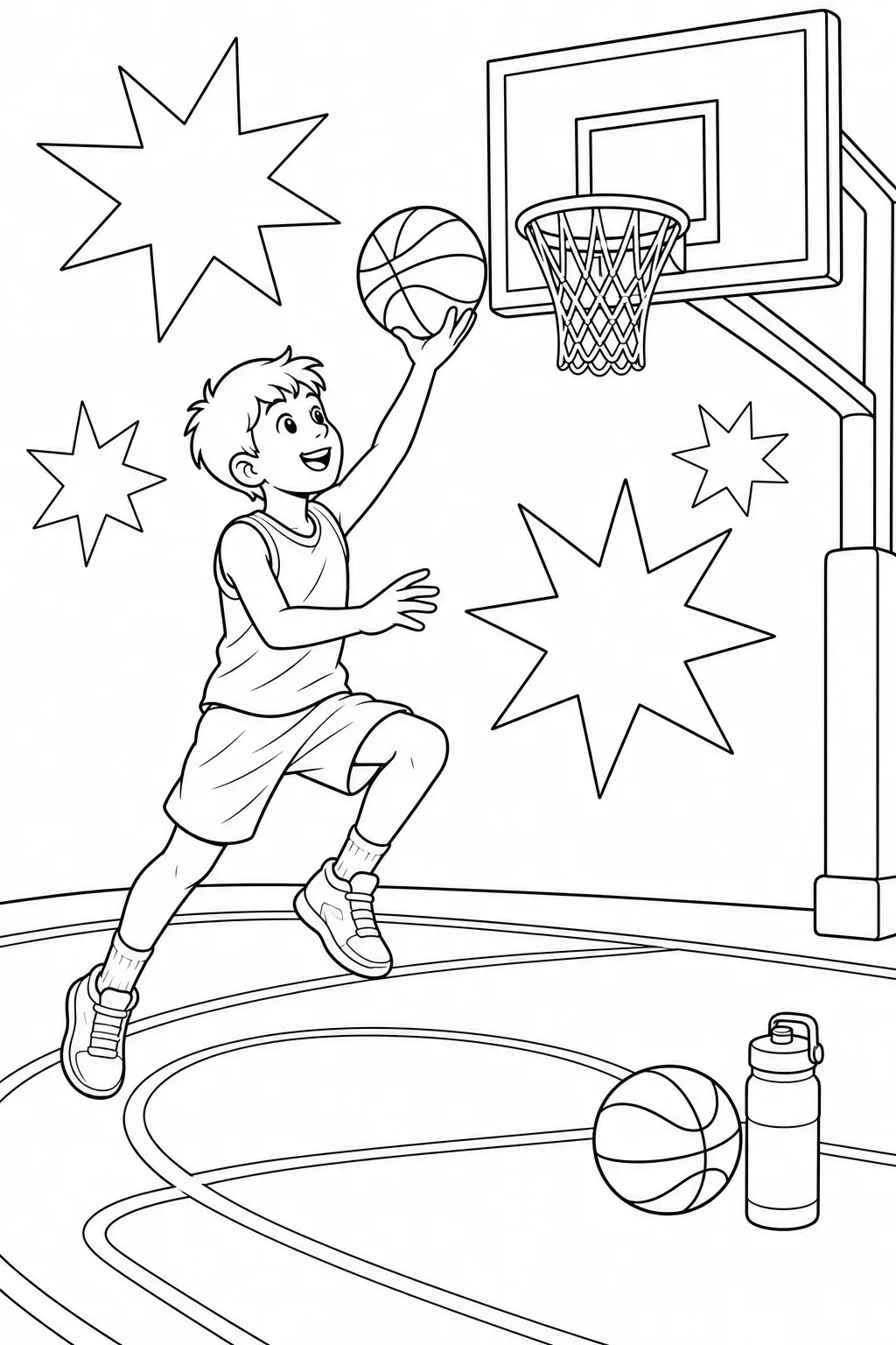 A boy making a basketball layup near a hoop on a coloring page with starburst shapes and a water bottle.