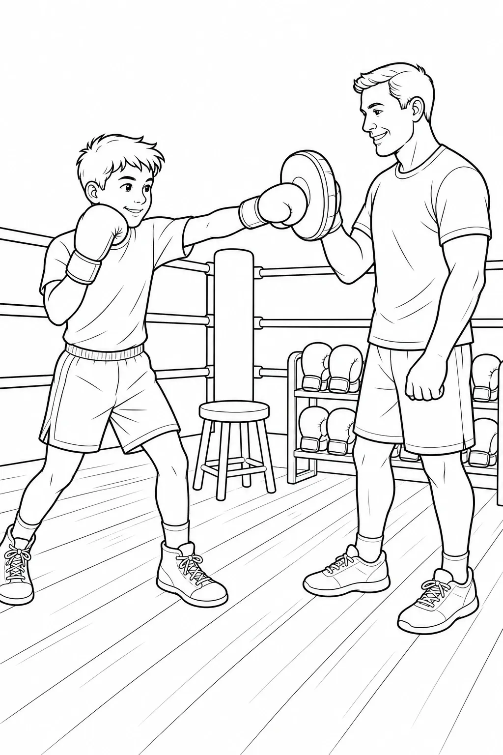 A boy throws a punch at a coach holding a mitt in a boxing gym coloring page.