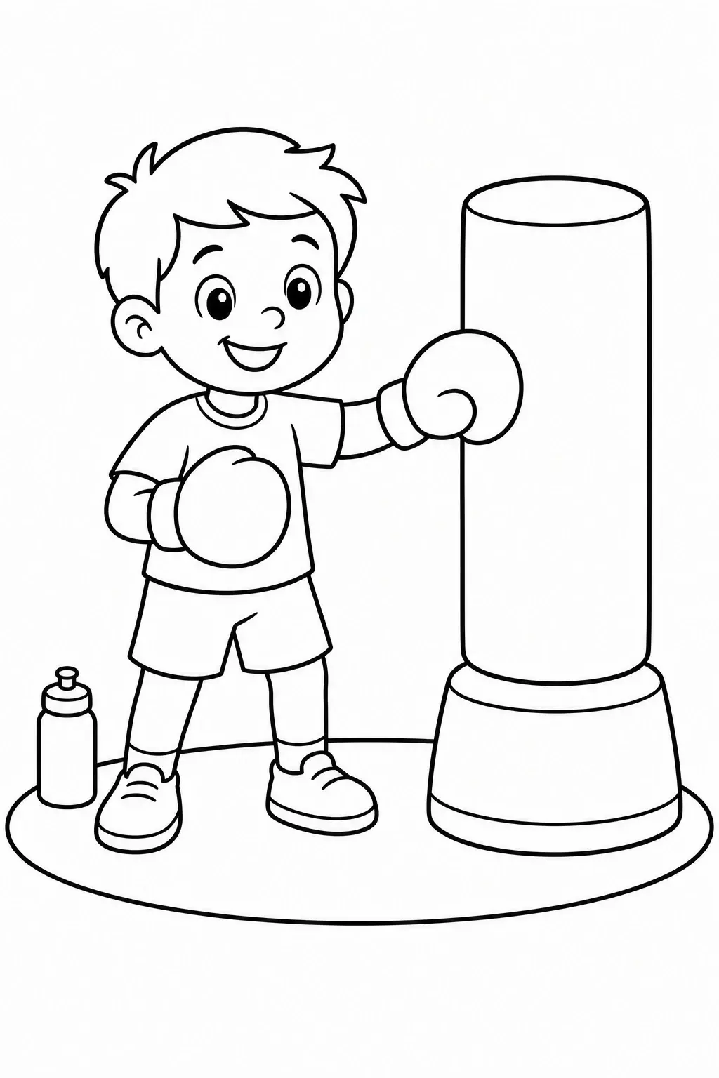 A smiling boy with boxing gloves stands beside a punching bag coloring page.