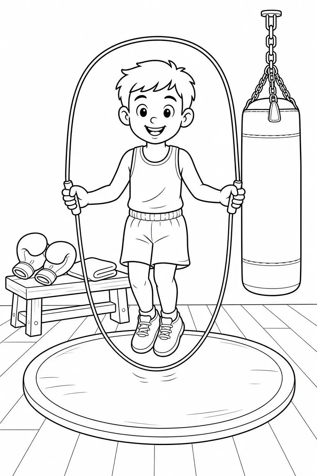 A smiling boy jumping rope in a boxing gym with a punching bag and gloves coloring page.