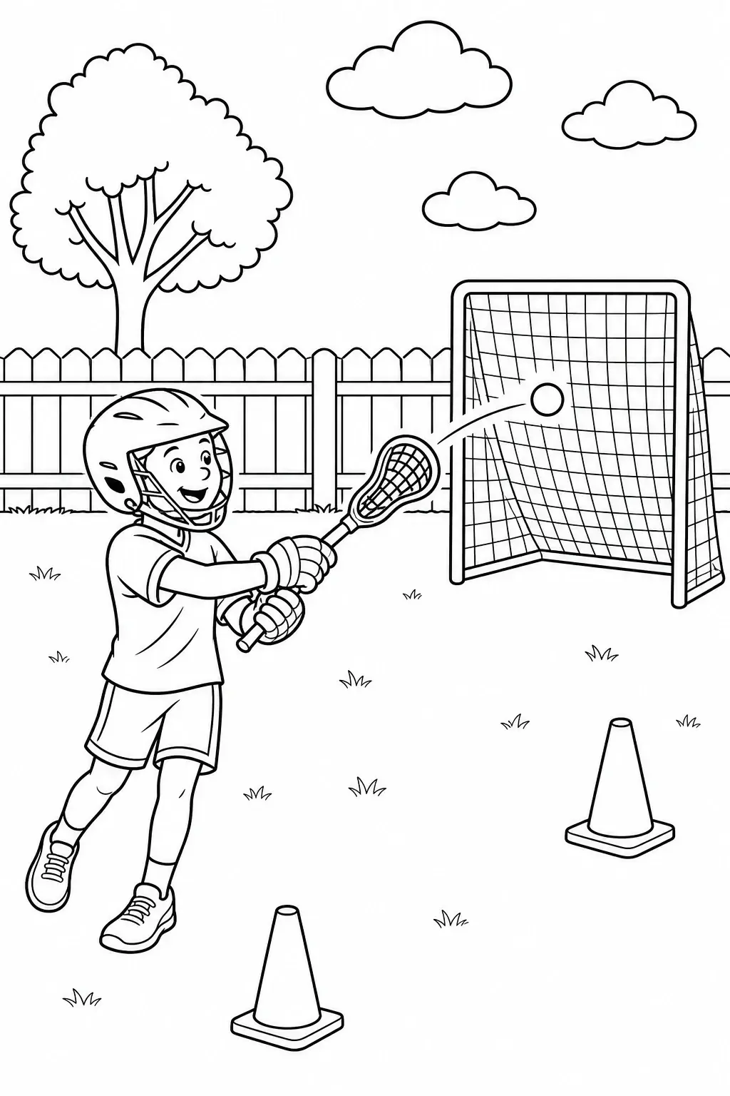 A boy in a helmet plays lacrosse toward a goal in a backyard coloring page.