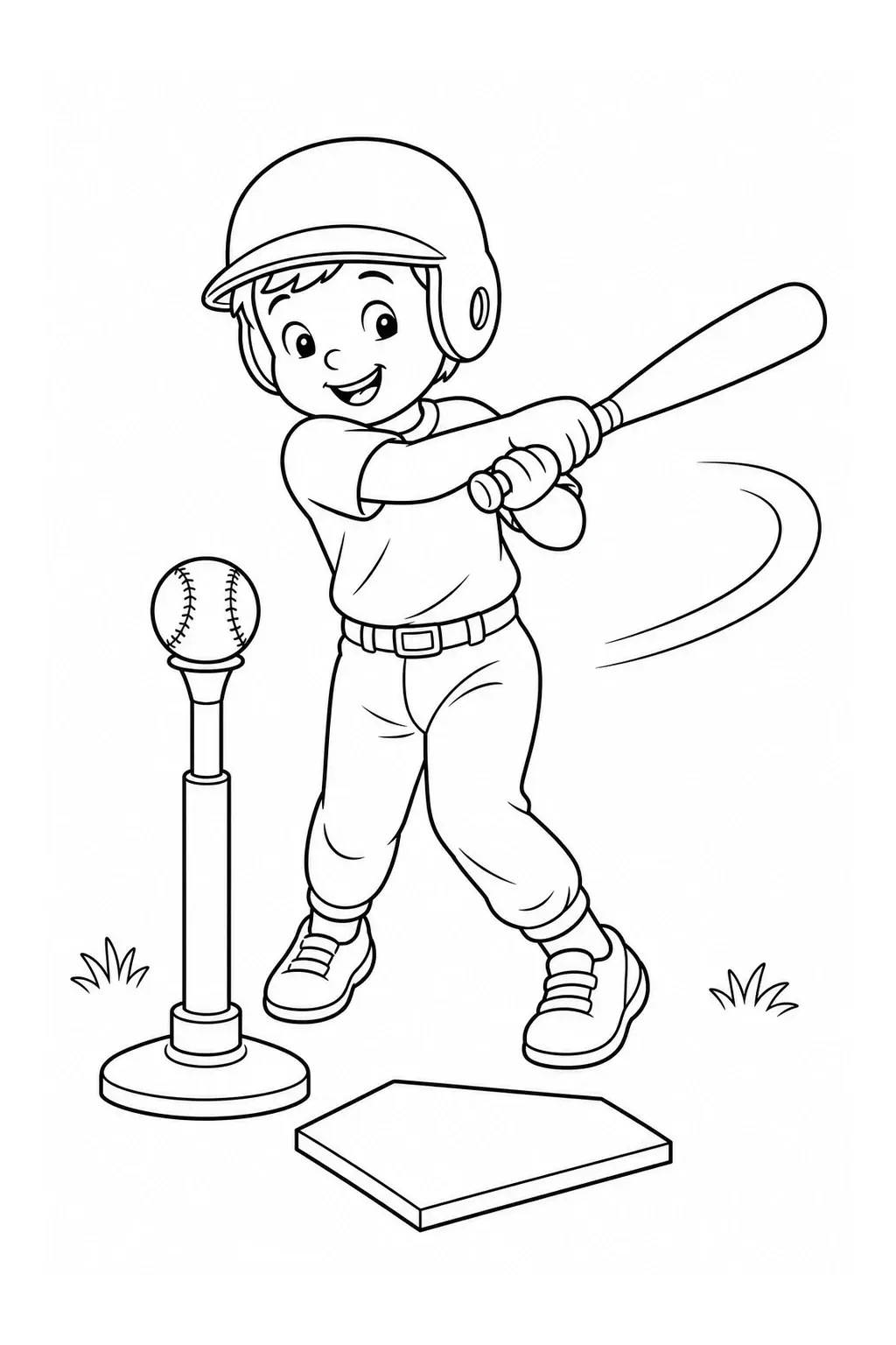 A boy in a batting helmet swings a baseball bat at a tee in a coloring page.