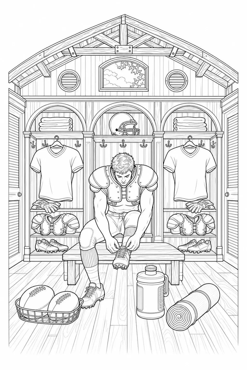 A black-and-white coloring page shows a football player in a locker room tying his cleat with gear around him.