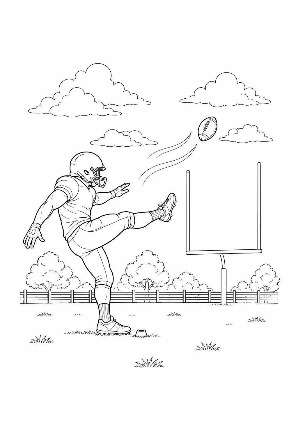 A football player kicking a football toward the goalposts in a black-and-white coloring page.