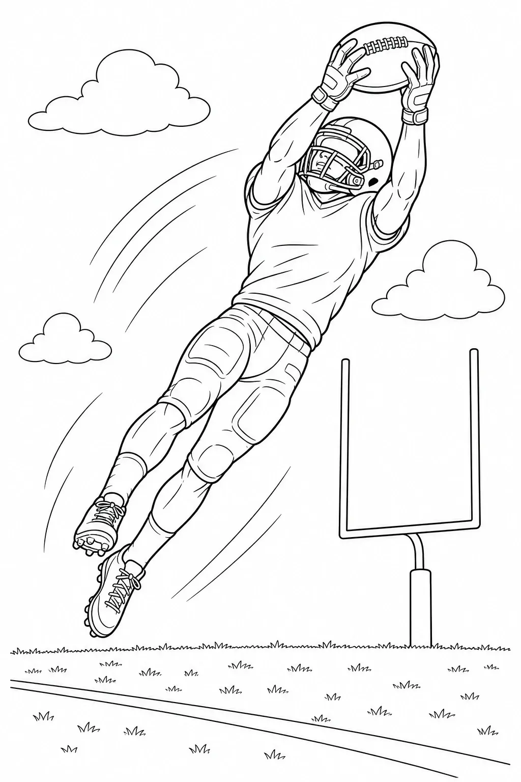 A black-and-white coloring page of a football player leaping to catch a ball near a goal post and clouds.