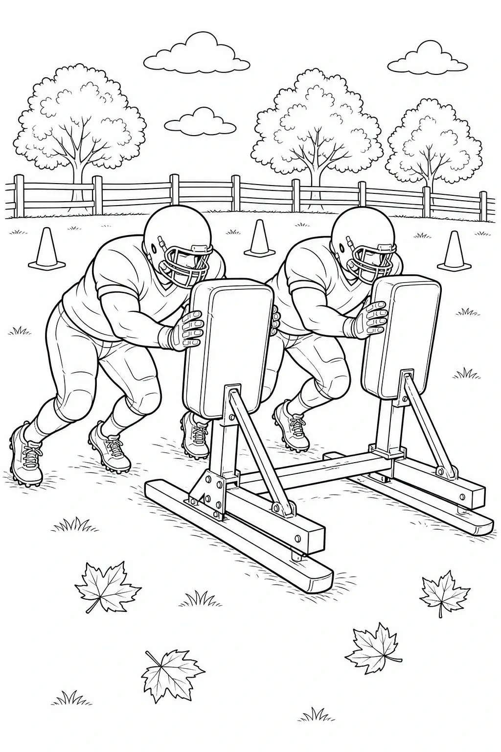 Two football players push blocking sleds on a field in this coloring page with trees, cones, and falling leaves.