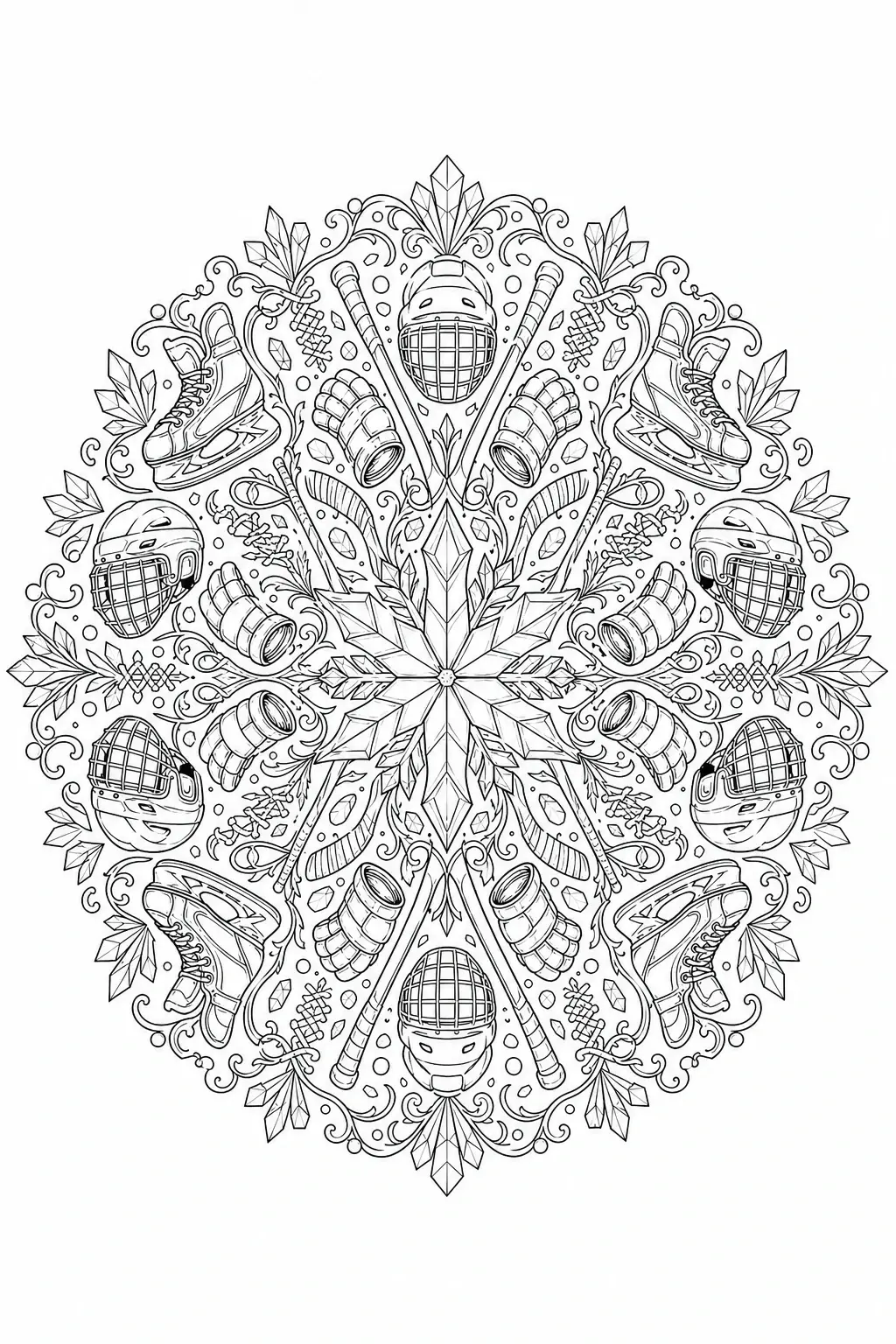 An intricate black-and-white coloring page shows hockey gear arranged around a snowflake mandala.