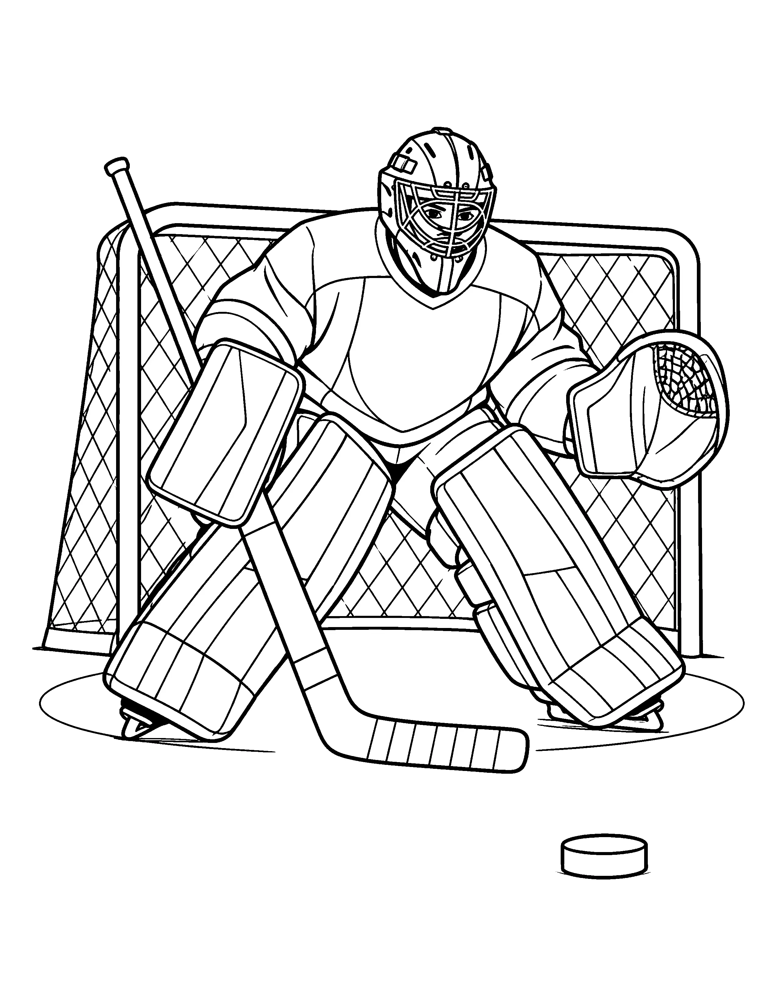 A masked hockey goalie wearing protective pads guards a net with a hockey stick and puck nearby in this coloring page.