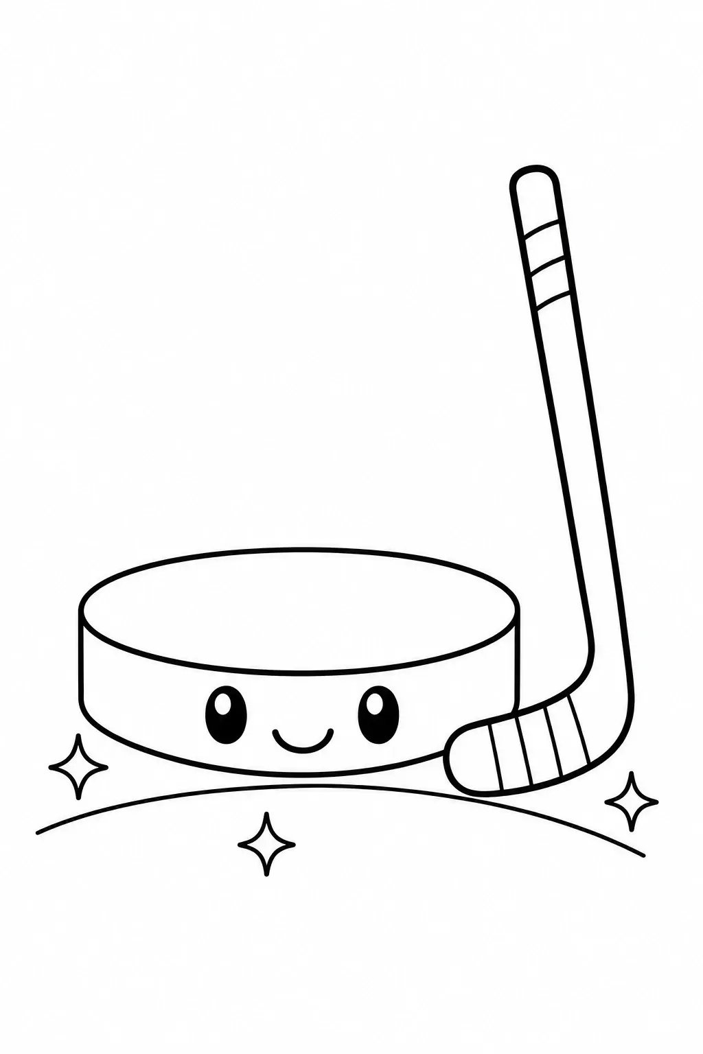 A cute hockey puck and stick coloring page with a smiling puck and sparkles.
